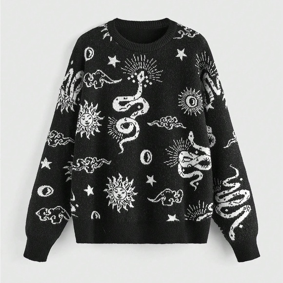 ROMWE Sweaters - Romwe Goth Witchy Long Sleeve Crew Neck Sweater Black Celestial Snakes